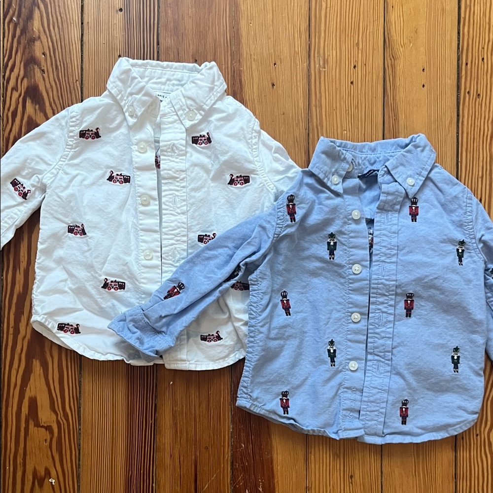 Janie and Jack White and Blue Button-Down Shirts with Toy Soldier Print